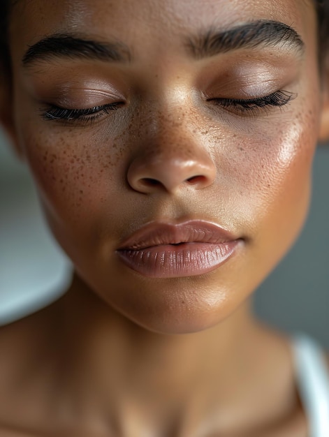De près, une exquise femme afro-américaine modelant avec un maquillage minimal est montrée AI générative