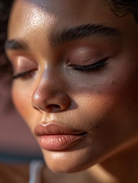 De près, une exquise femme afro-américaine modelant avec un maquillage minimal est montrée AI générative