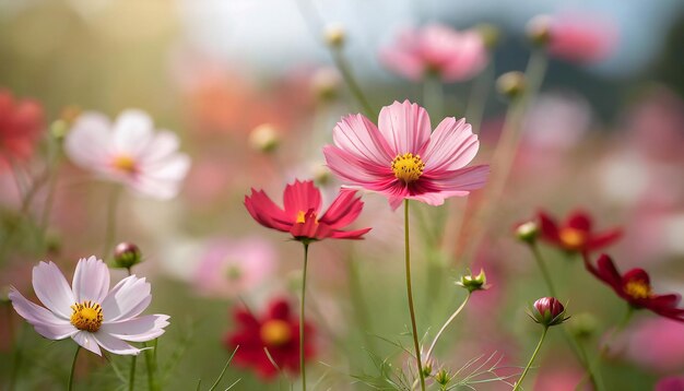 De près les fleurs sauvages du cosmos en fleur de couleur pastel les fleurs rouges roses du cosmos flottent