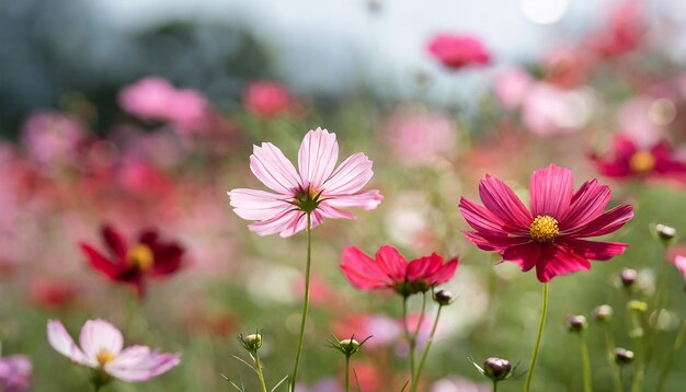 De près les fleurs sauvages du cosmos en fleur de couleur pastel les fleurs rouges roses du cosmos flottent