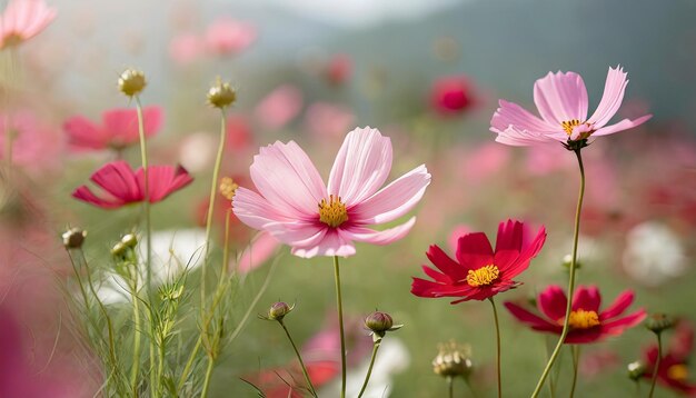 De près les fleurs sauvages du cosmos en fleur de couleur pastel les fleurs rouges roses du cosmos flottent