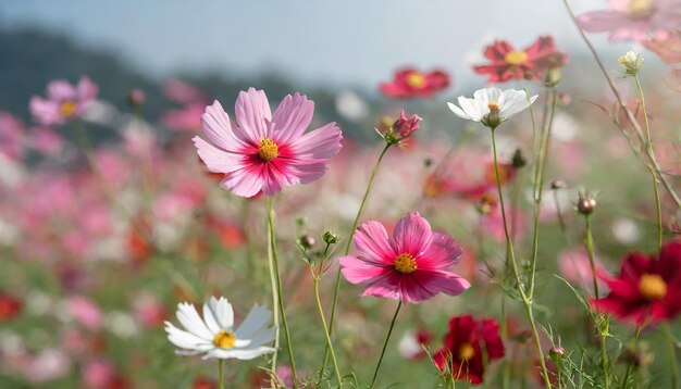 De près les fleurs sauvages du cosmos en fleur de couleur pastel les fleurs rouges roses du cosmos flottent