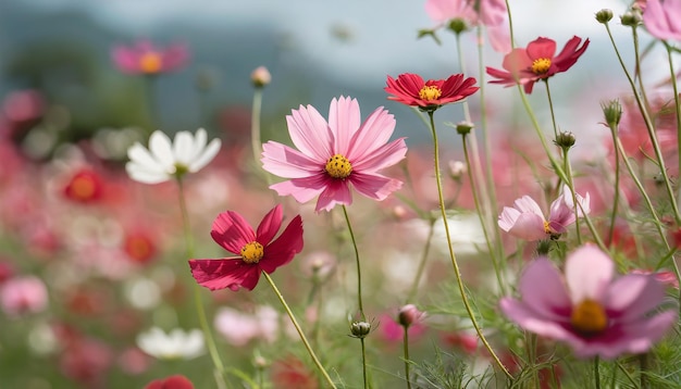 De près les fleurs sauvages du cosmos en fleurs de couleurs pastel les fleurs rouges roses du cosmos flottent