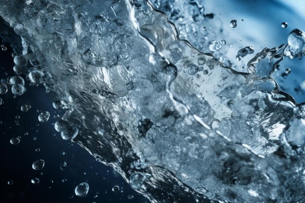 Photo de près, une goutte d'eau claire tombe avec des vagues, des éclaboussures, une pureté liquide, une réflexion macro transparente.