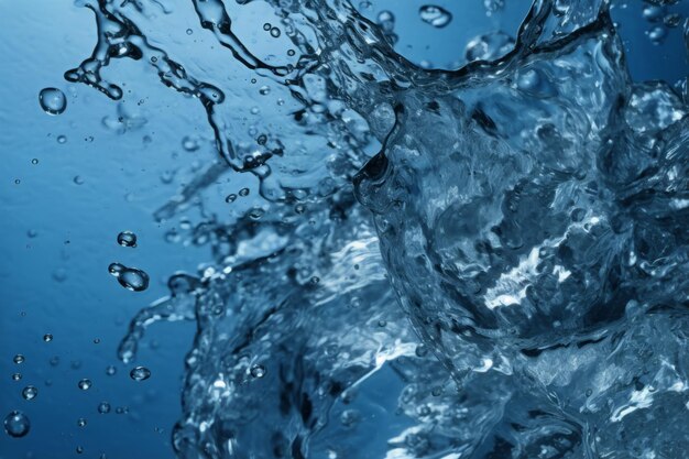 De près, une goutte d'eau claire tombe avec des vagues, des éclaboussures, une pureté liquide, une réflexion macro transparente.