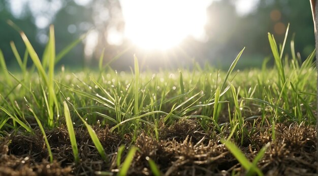 Près de l'herbe verte fraîche dans le champ avec la lumière du soleil du matin