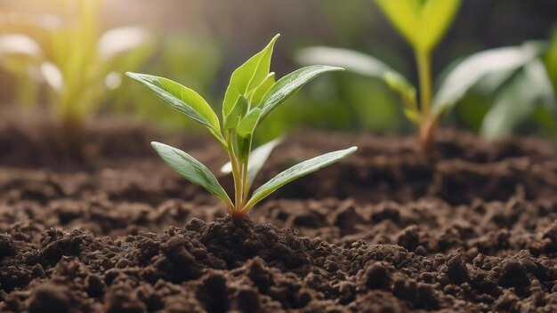 Près d'une jeune plante poussant dans le sol avec un fond naturel