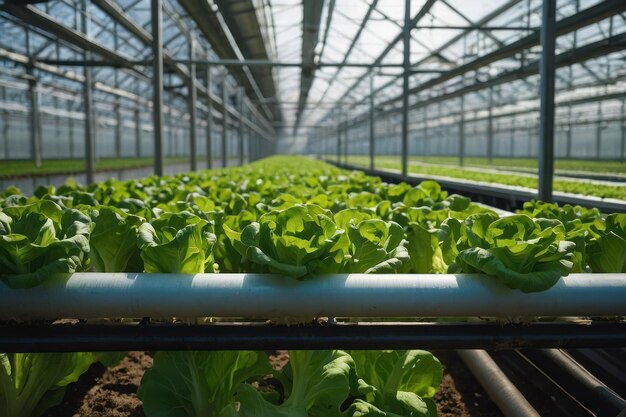 Photo près de la laitue qui pousse dans une grande serre industrielle sur un rack hydroponique