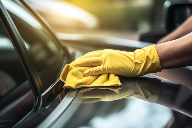 Près de la main dans des gants jaunes nettoyant la fenêtre de la voiture avec un tissu en microfibre Homme ouvrier main près de la main nettoyant le tableau de bord de la voiture AI généré