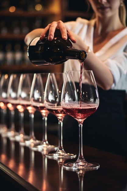 Photo de près main féminine versant du vin rouge au verre expert en vin sommelier dégustation et consommation
