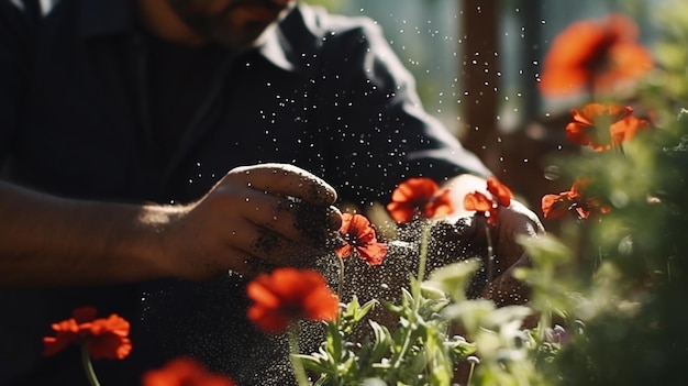 Photo près des mains masculines avec une fleur rouge dans la serre