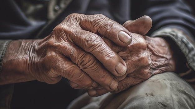 Près des mains ridées masculines, le vieil homme porte un ton vintage généré par l'IA