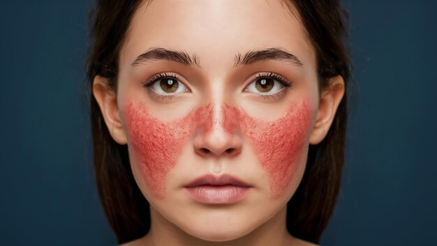 Photo de près sur la peau du visage de la fille sont visibles couperose rouge et dilatés capillaires araignée