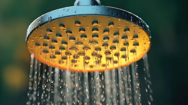 Près de la tête de douche de pluie dans l'eau fraîche d'été