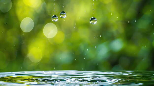 près de trois gouttelettes sur un fond vert flou