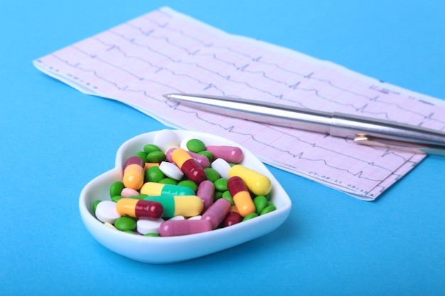Prescription RX et pilules et capsules d’assortiments colorés sur assiette.