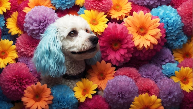 La présence adorable de Buddy Poodle au milieu d'une chaîne de fleurs magnifiques