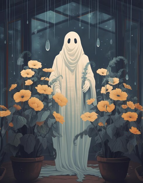 Photo présence éthérée dans la serre une figure fantomatique au milieu des fleurs scène d'halloween scène dhalloween avec fantôme
