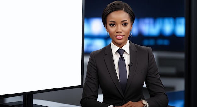 Présentateur de programme télévisé d'information de début de soirée Reportage sur l'économie des affaires Science Politique Chaîne de télévision par câble Présentateur jeune femme afro-américaine et maquette d'écran vide IA générative