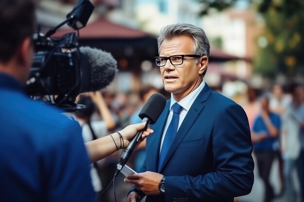 Un présentateur de télévision couvre les événements et la manifestation tout en se tenant devant une caméra de télévision avec un microphone.