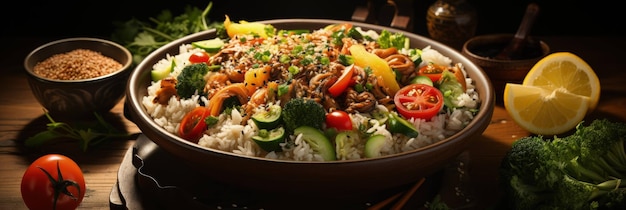 une présentation appétissante d'un plat de riz coloré mettant en vedette une variété de légumes