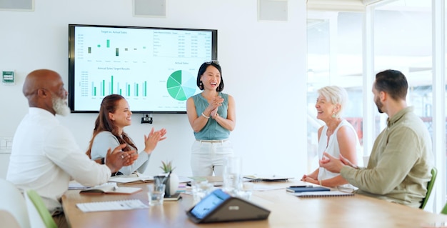 Présentation et applaudissements des gens d'affaires pour le succès financier, la croissance et la réussite du leader heureux du graphique avec le référencement des ventes ou l'infographie kpi Hommes et femmes en réunion pour les résultats de performance