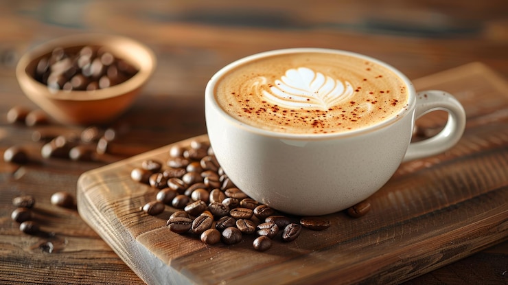 Photo présentation artistique de cappuccino avec un côté de grains de café frais affichés sur la table ar 169 styliser 250 id d'emploi 71baa808462040af8d6ef4fa5ac3f348