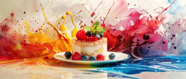 Photo présentation artistique du dessert avec un arrière-plan coloré