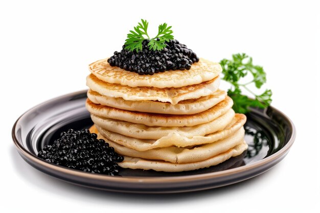 Présentation de Blini et de caviar sur une assiette sur fond blanc