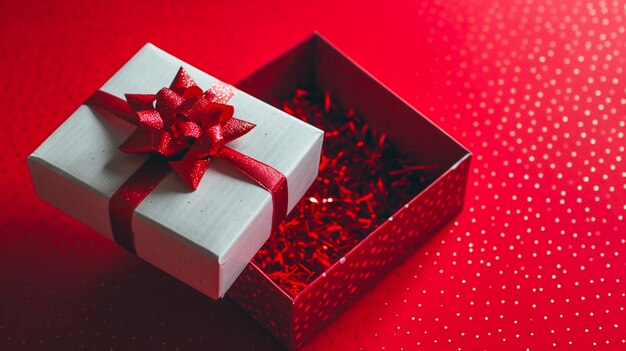 Photo présentation de cadeau rouge élégant boîte cadeau de luxe 3d ruban d'or vue supérieure ai généré
