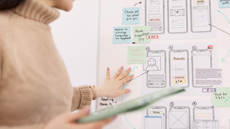 Photo présentation et conception ux avec une femme et planification lors d'une réunion pour le développeur d'idées ou la technologie ingénierie logicielle créative et interface utilisateur téléphonique avec l'employé au bureau pour le tableau de stratégie informatique ou le site web