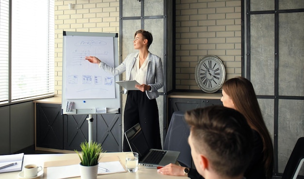 Présentation d'une conférence d'affaires avec un bureau de flipchart de formation d'équipe