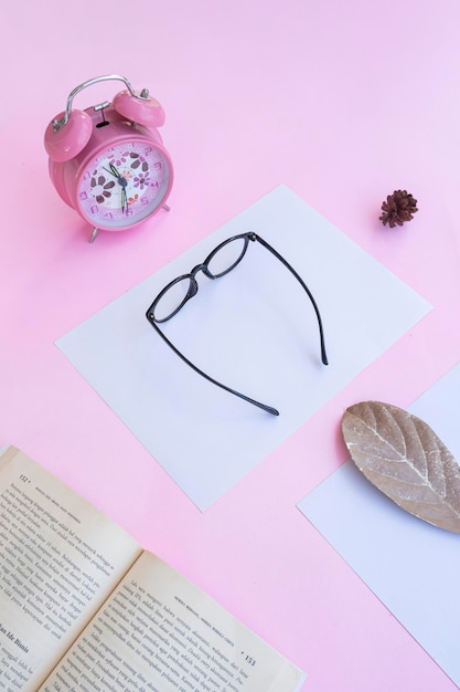 Présentation du produit de Minimalist Concept Idea lunettes livre horloge feuilles sèches sur fond de papier rose