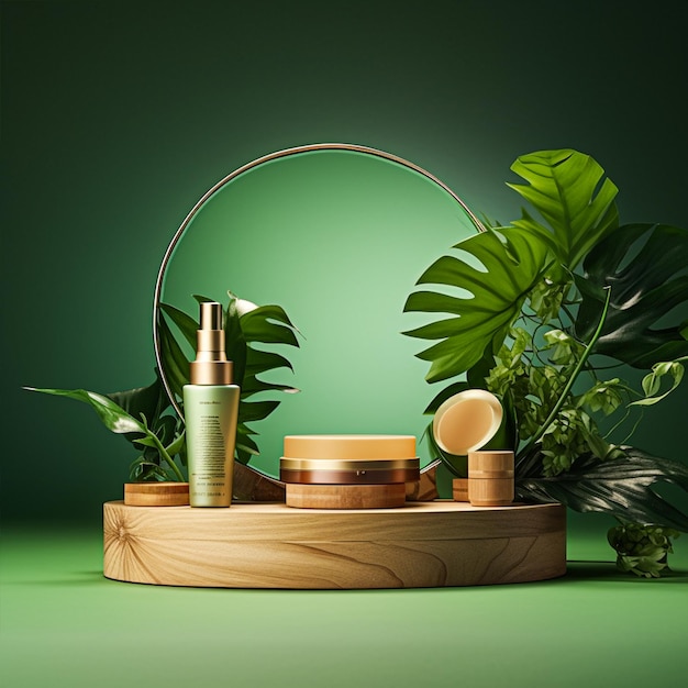 Photo présentation du produit modèle de podium minimal avec fond en bois naturel gradient vert