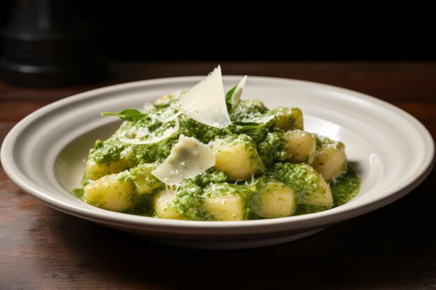 Présentation élégante Gnocchi vert servi sur une assiette de céramique blanche avec un flair artistique 32 Aspect