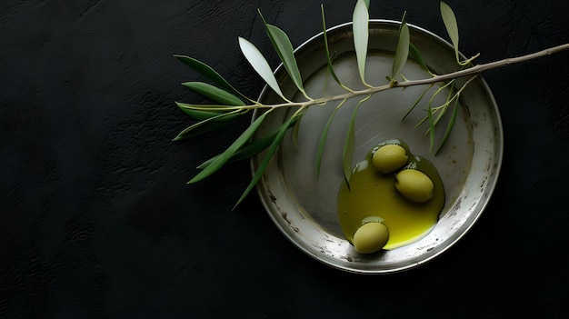 Présentation élégante de l'huile d'olive dans un bol style alimentaire artistique contre un fond sombre photo conceptuelle mettant l'accent sur les ingrédients biologiques IA