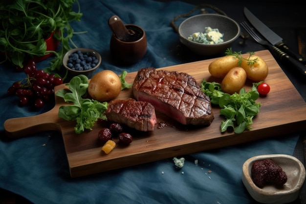 présentation élégante d'un steak avec des côtés et des condiments frais