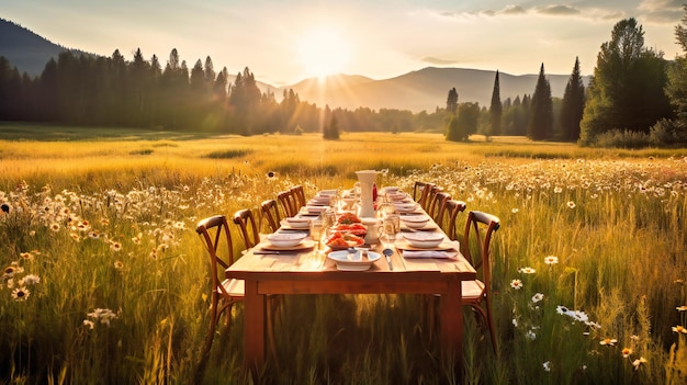 Une présentation exquise d'une somptueuse expérience culinaire en plein air au milieu d'un paysage sauvage estival pittoresque