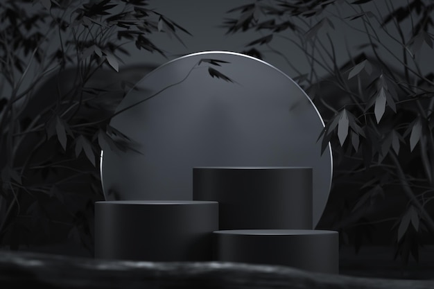 Présentation de fond de piédestal en pierre noire podium de scène 3d de feuille de branche d'arbre de nature abstraite ou de plate-forme de produit affichage vitrine de roche et maquette d'espace vierge de scène premium en marbre sombre vide