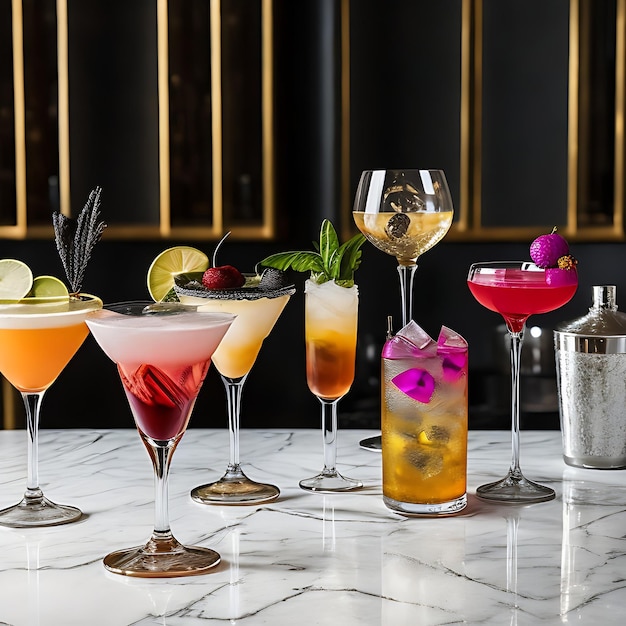 Une présentation luxueuse de cocktails éclectiques avec des saveurs et des textures uniques sur une table en marbre