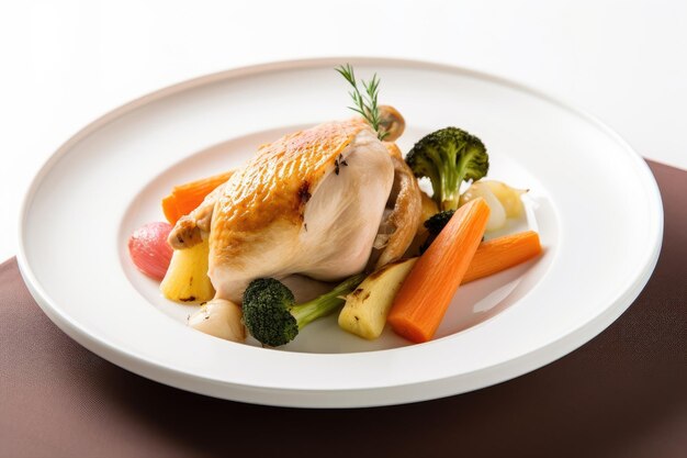 Présentation minimaliste de poulet rôti et de légumes sur une assiette blanche créée avec une IA générative