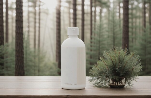 Présentation de produits cosmétiques naturels placement en forêt bouteille de shampoing plus blanche générée par ai