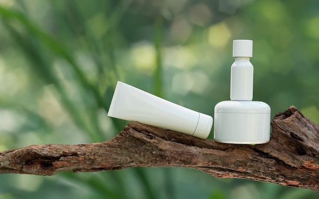 Photo présentation des produits cosmétiques naturels. placement en forêt à l'extérieur. bouteille de shampoing en pot blanc vierge. contenu de l'illustration 3d