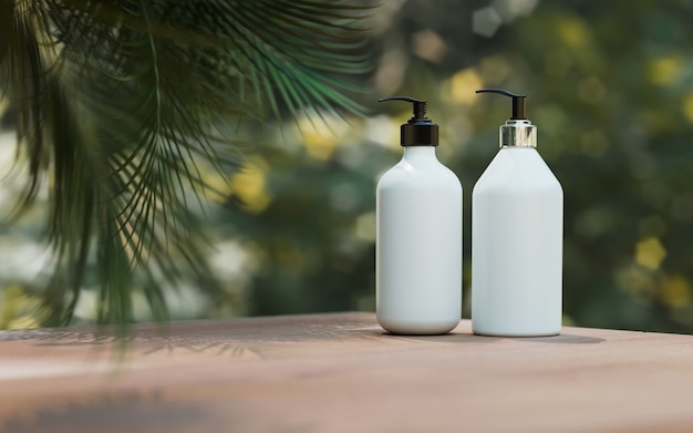 Photo présentation des produits cosmétiques naturels. placement de jardin extérieur. bouteille de shampoing en pot blanc vierge. contenu d'illustration 3d.