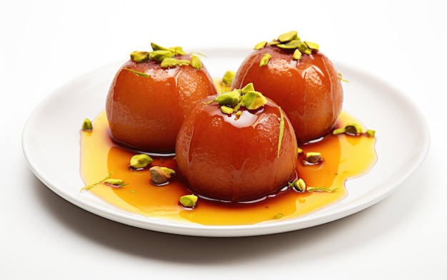 Présentation riche de Gulab Jamun sur un fond blanc