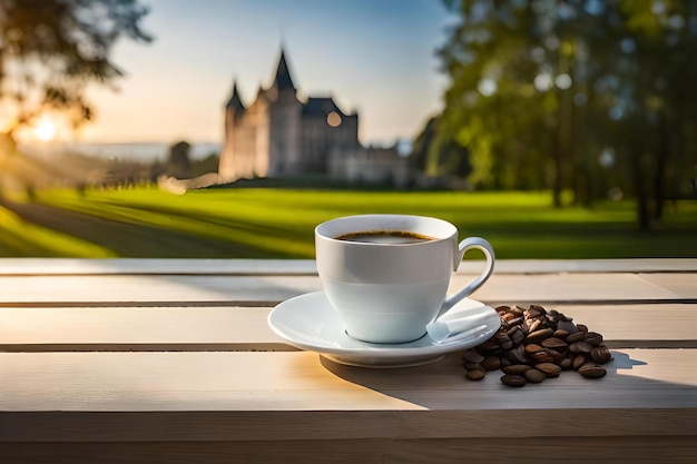 Présentation d'une tasse de café sur un fond de château français élégant