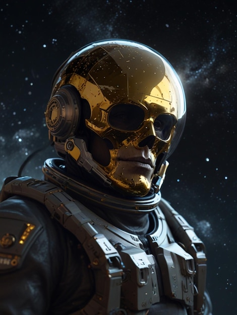 présente un astronaute avec un casque de crâne doré