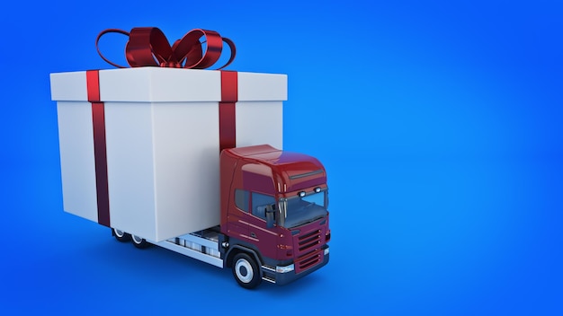 Présente le camion de concept de service de livraison avec un rendu 3d de boîte-cadeau