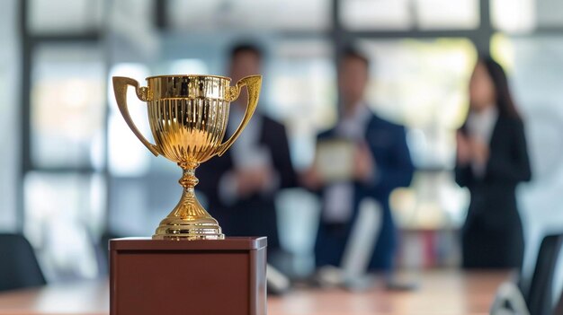 Présenter une image d'un trophée placé sur un piédestal avec des professionnels d'affaires en arrière-plan