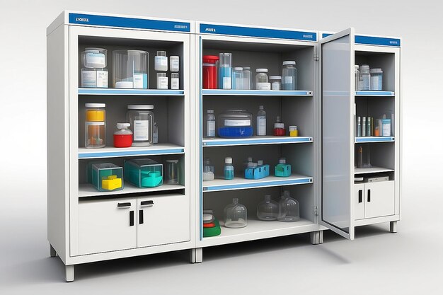 Présentez une illustration détaillée des armoires de stockage d'équipements de laboratoire avec des compartiments étiquetés 1